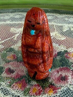 Vintage 60's Zuni Carved Red Apple Coral Corn Maiden Fetish 1.5"